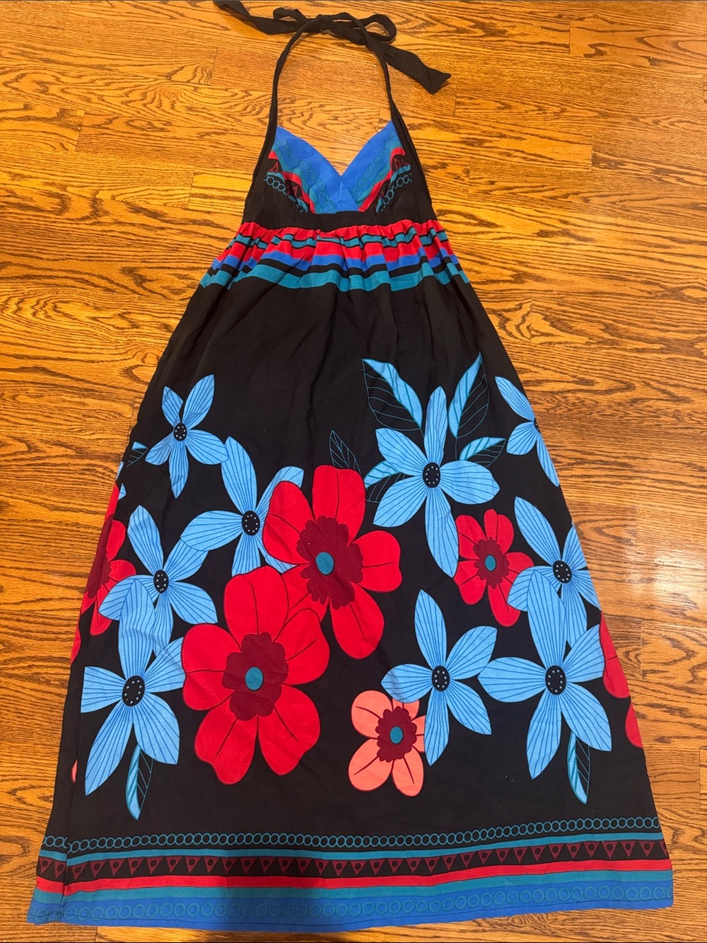 Zara Black Maxi Halter Dress with Red and Blue Floral Print
